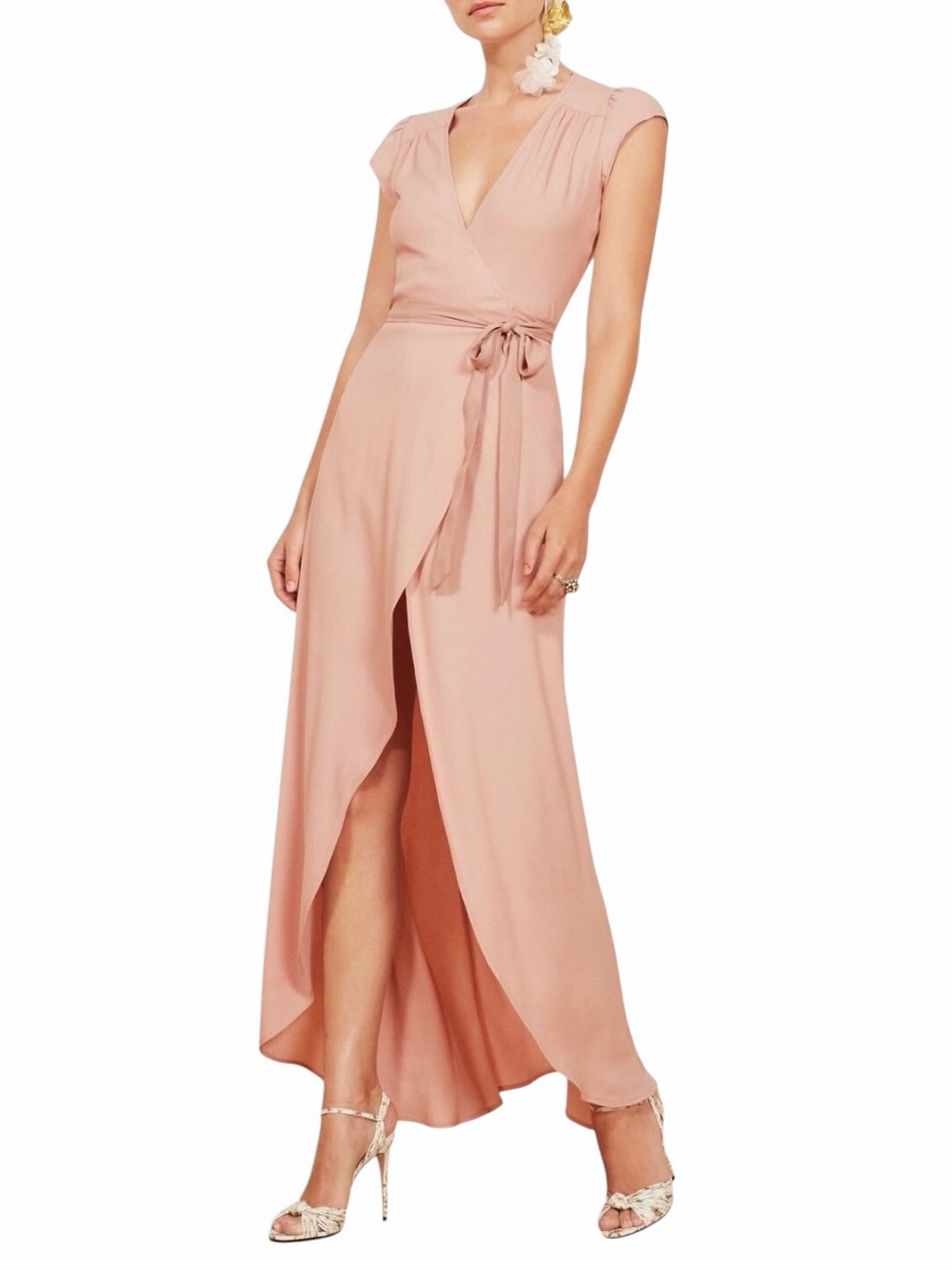 Reformation Chamomile V-Neck Puff Sleeve Maxi Wrap Dress Dusty Pink Sz S / 4